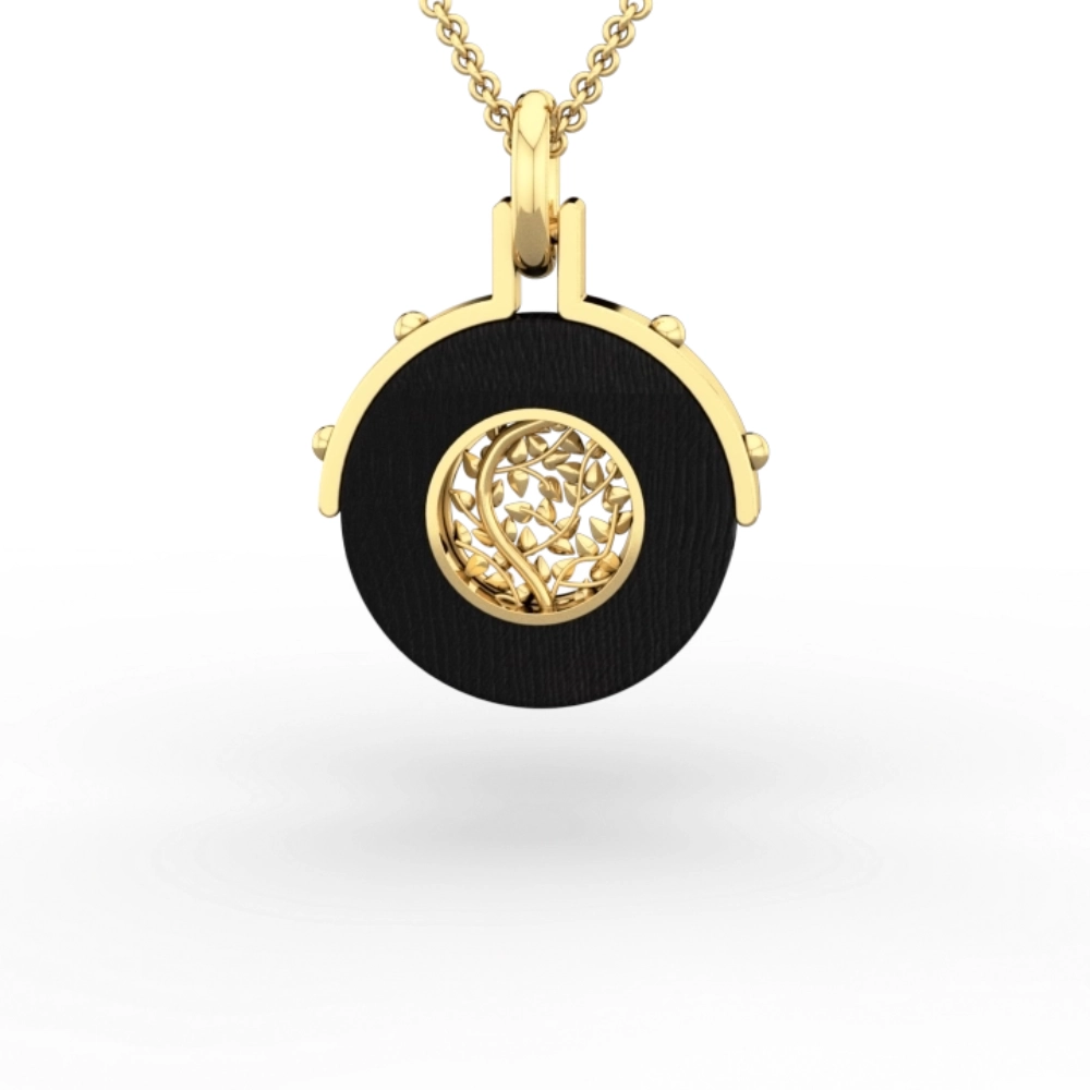 Back view of Auréole Végétale pendant in ebony wood and 18k yellow gold