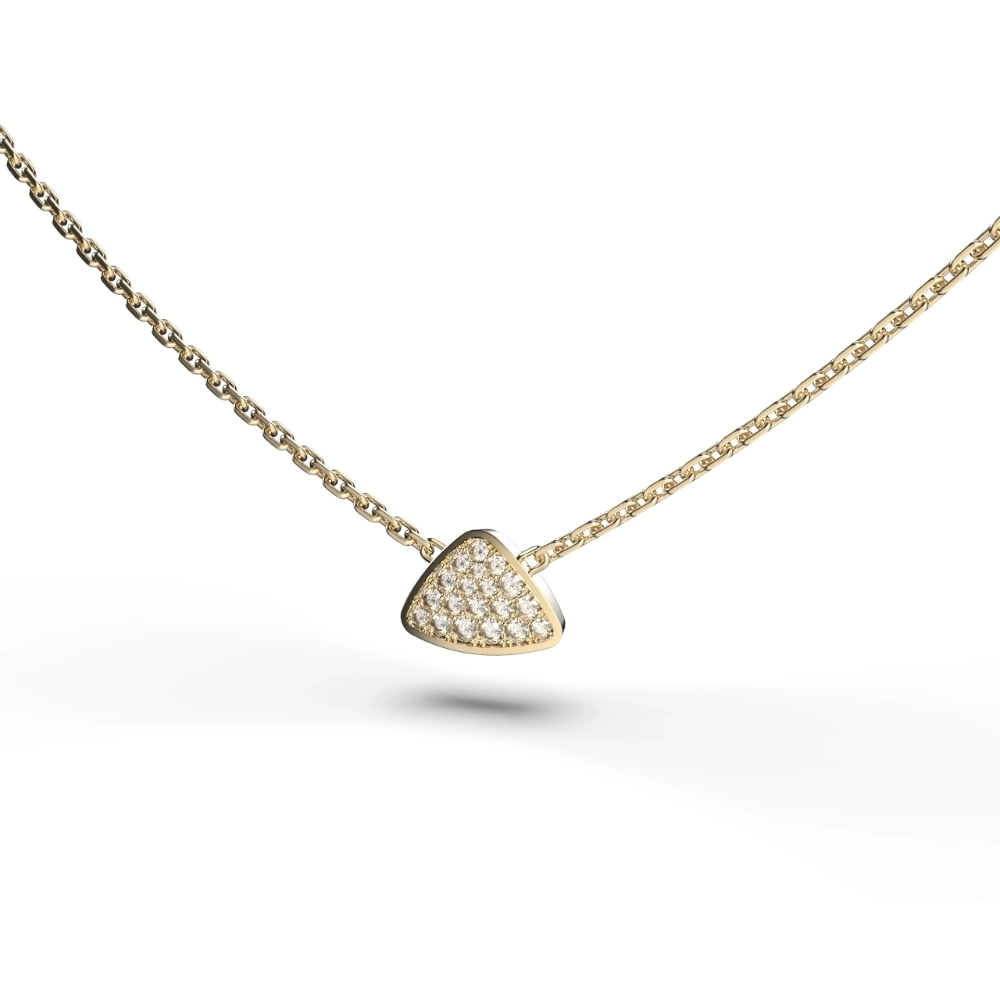 Ajour pendant in 18k gold with triangular diamond pavé, front view